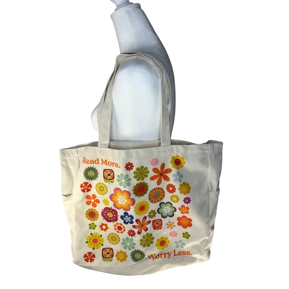 Floral Toe Bag "Read More Worry Less" With Side Pockets